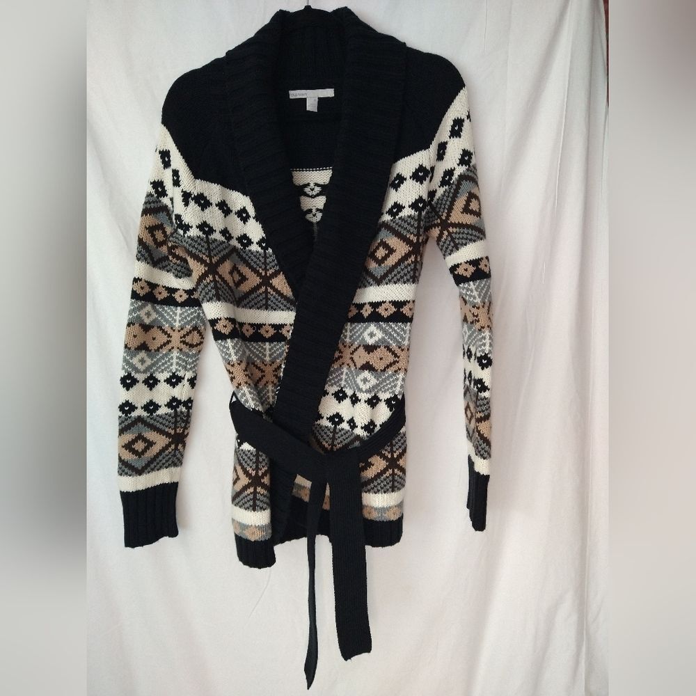 Old Navy Knit Cardigan Tan Black Aztec Southwest Cotton Lambs Wool Blend Chunky - Picture 6 of 10